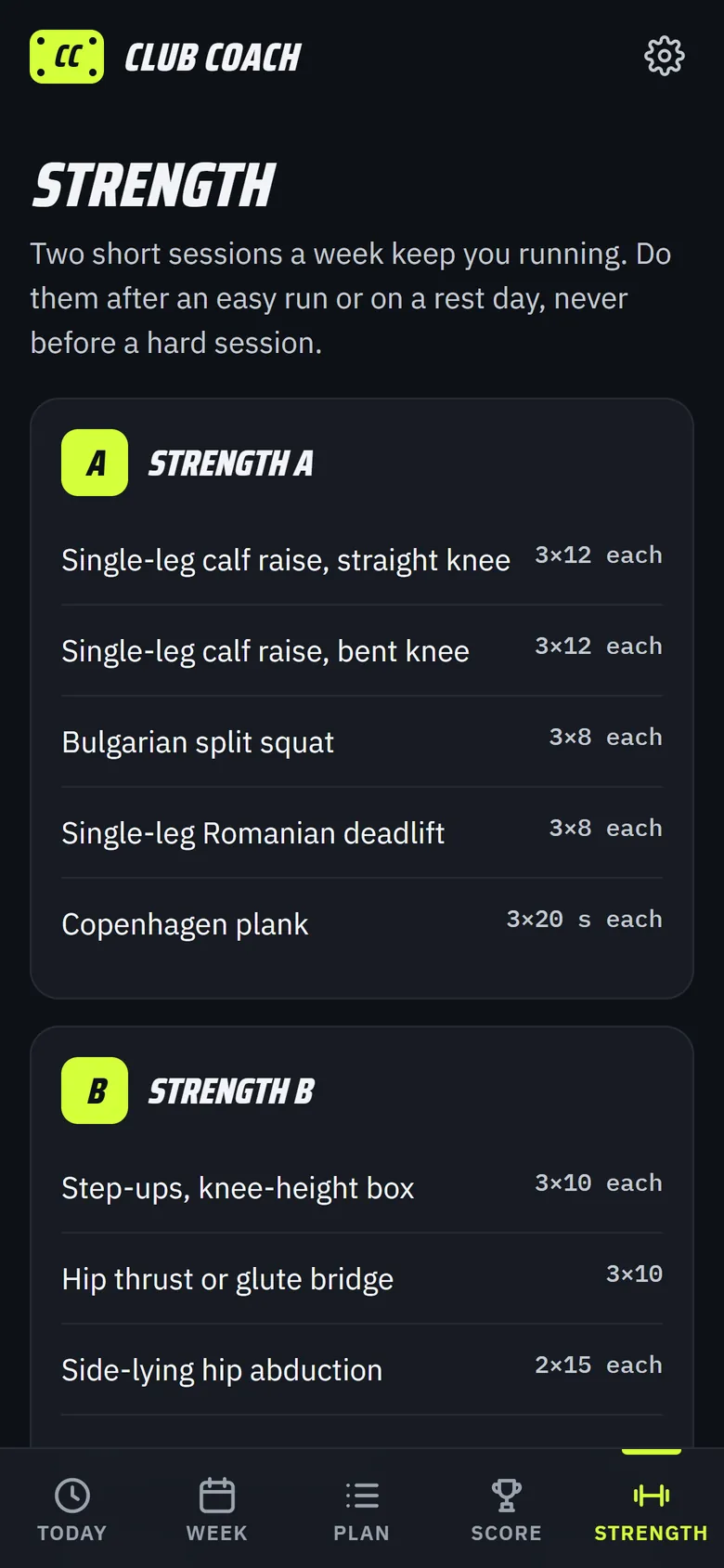 Strength screen: two short sessions, A and B, with calf raises, split squats, single-leg deadlifts, step-ups and hip work.