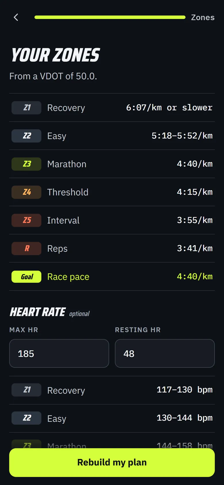 Zones screen: pace zones from recovery to reps, marathon pace 4:40 per km, and heart-rate zones worked out from max and resting heart rate.